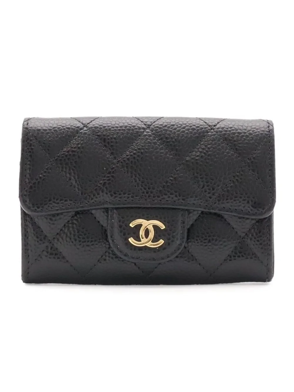 Chanel Quilted Classic Flap Card Case CC Logo Business Caviar Leather Black Gold